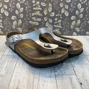 Birkenstock Womens Gizeh‎ Metallic Silver Birko Flor T-Strap Sandals EUR 38 US 7